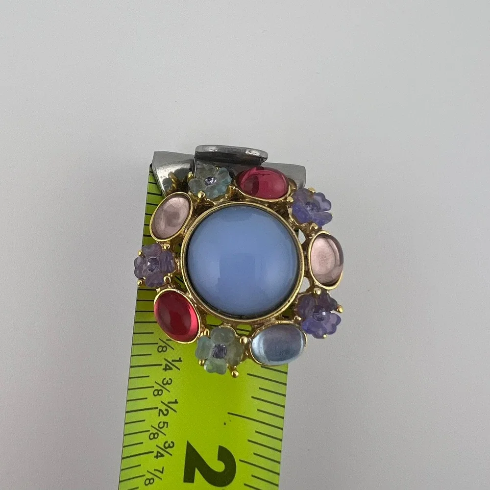 Vintage Floral Cabochon Brooch Pastel Flower Cluster‎ Gold Tone Round Pin